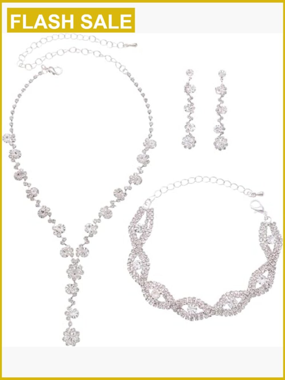 Silver Plated Rhinestone Bridal Jewelry Set - Necklace Earrings Bracelet